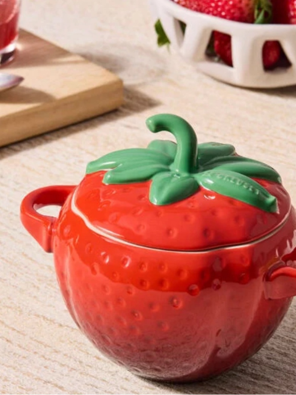 NEW Le Creuset Strawberry Ceramic Mini Cocotte Covered Casserole Green Leaf Lid
